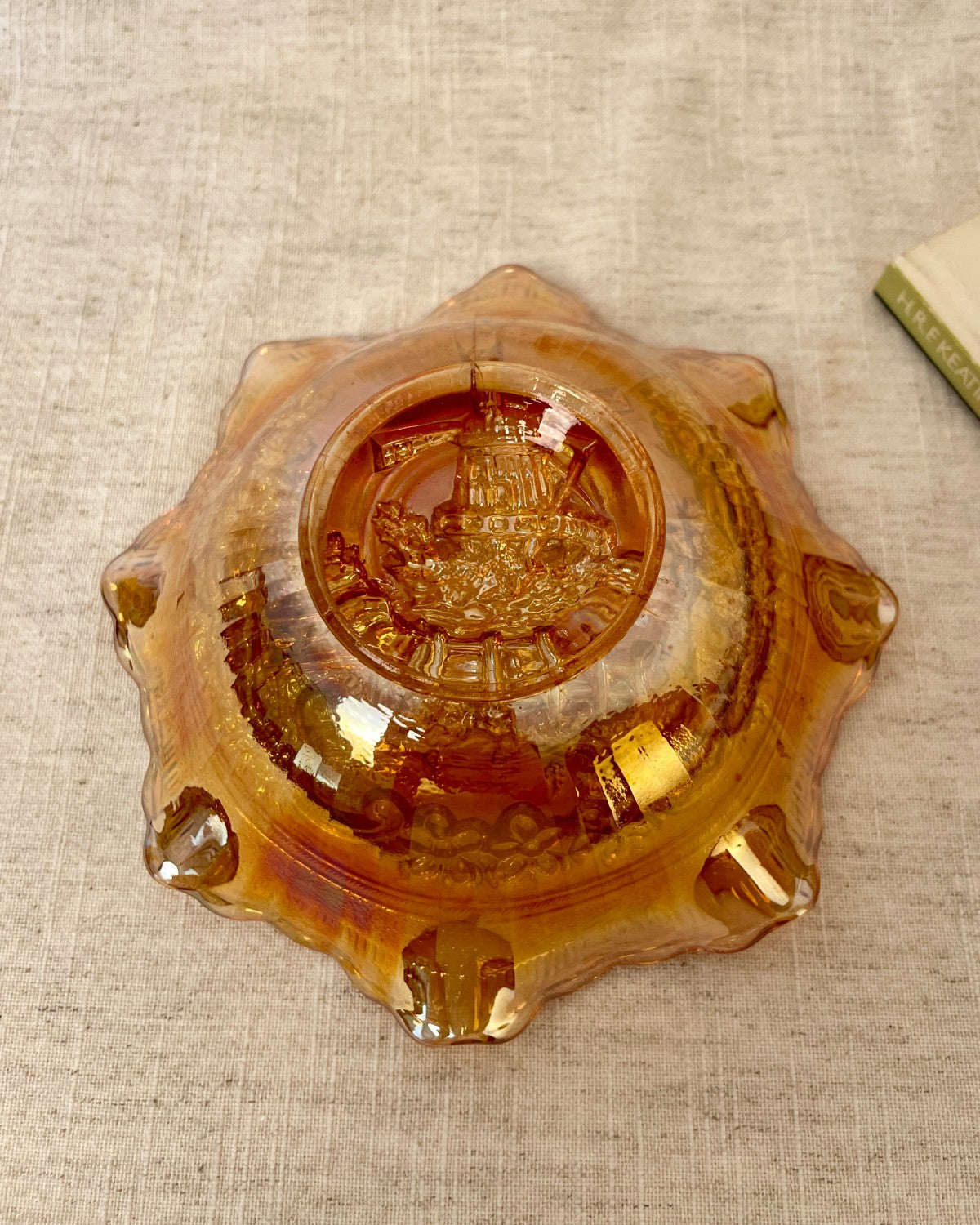 Antique Orange Windmill Carnival Glass Bowl