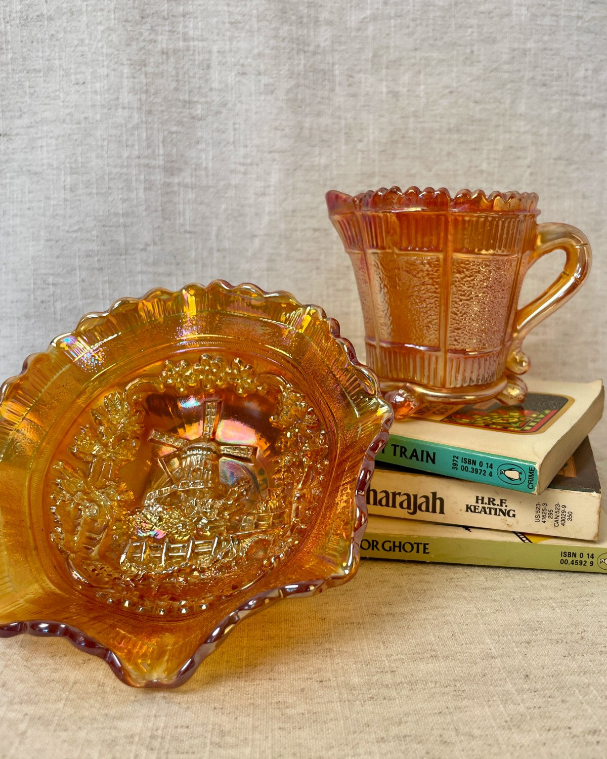Antique Orange Windmill Carnival Glass Bowl