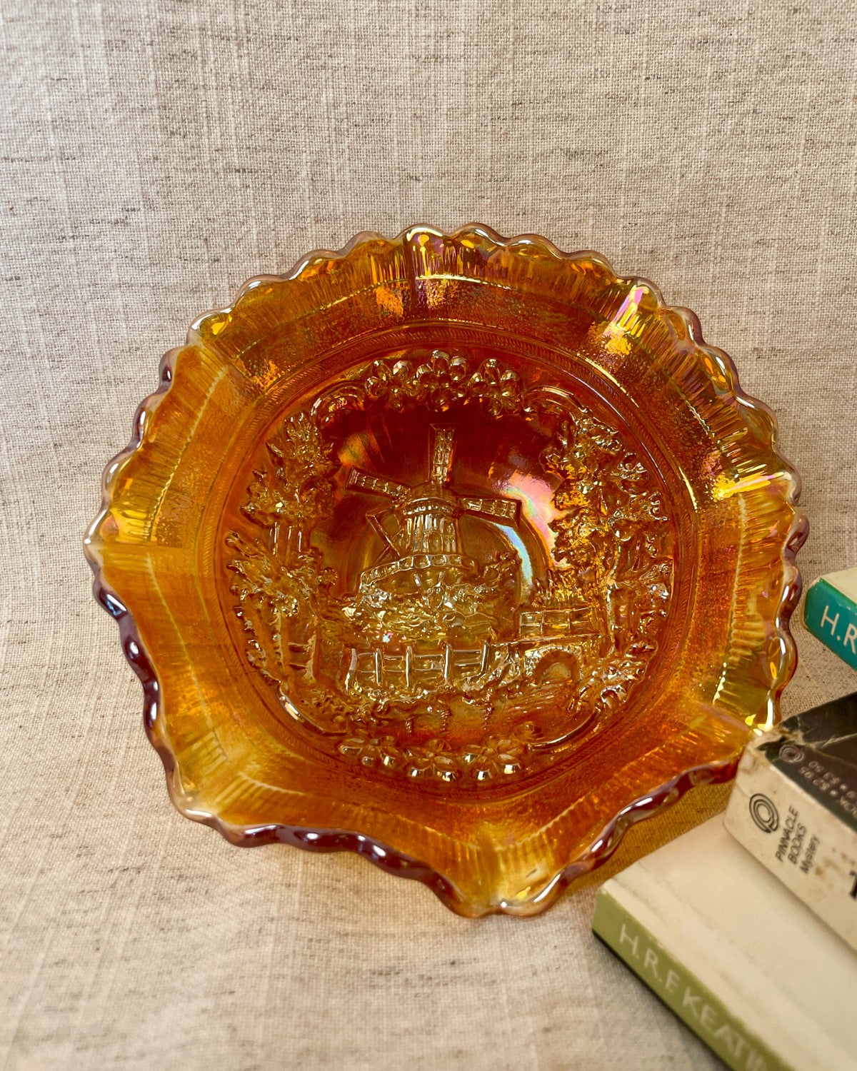 Antique Orange Windmill Carnival Glass Bowl