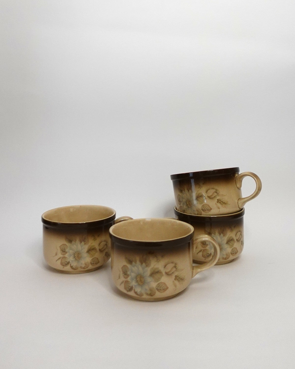 Set of 4 Vintage Coffee Mugs, Brown Floral Design
