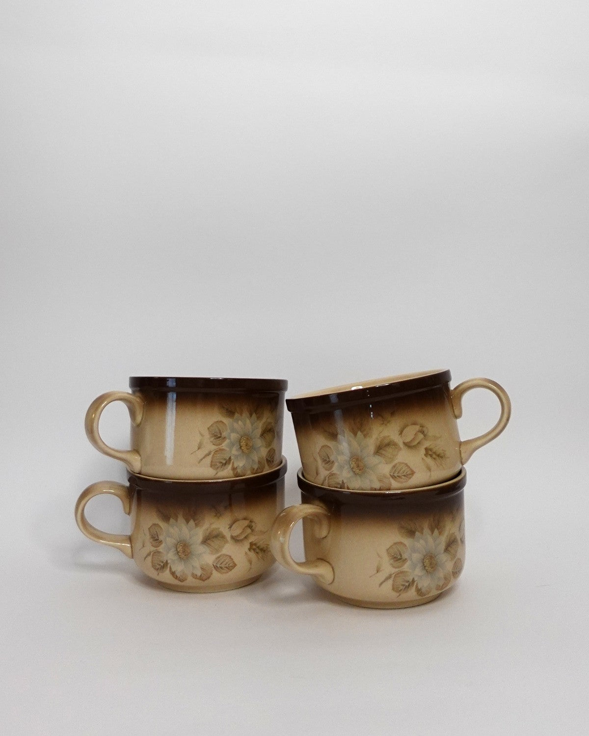 Set of 4 Vintage Coffee Mugs, Brown Floral Design