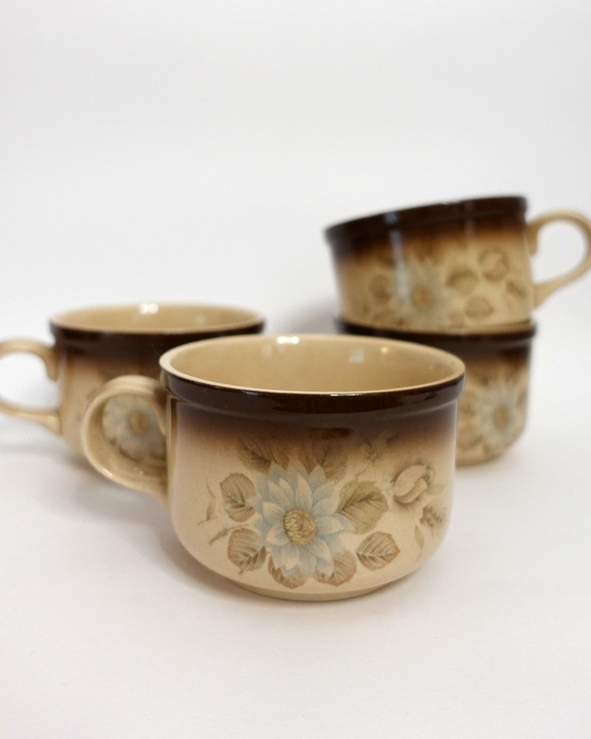 Set of 4 Vintage Coffee Mugs, Brown Floral Design