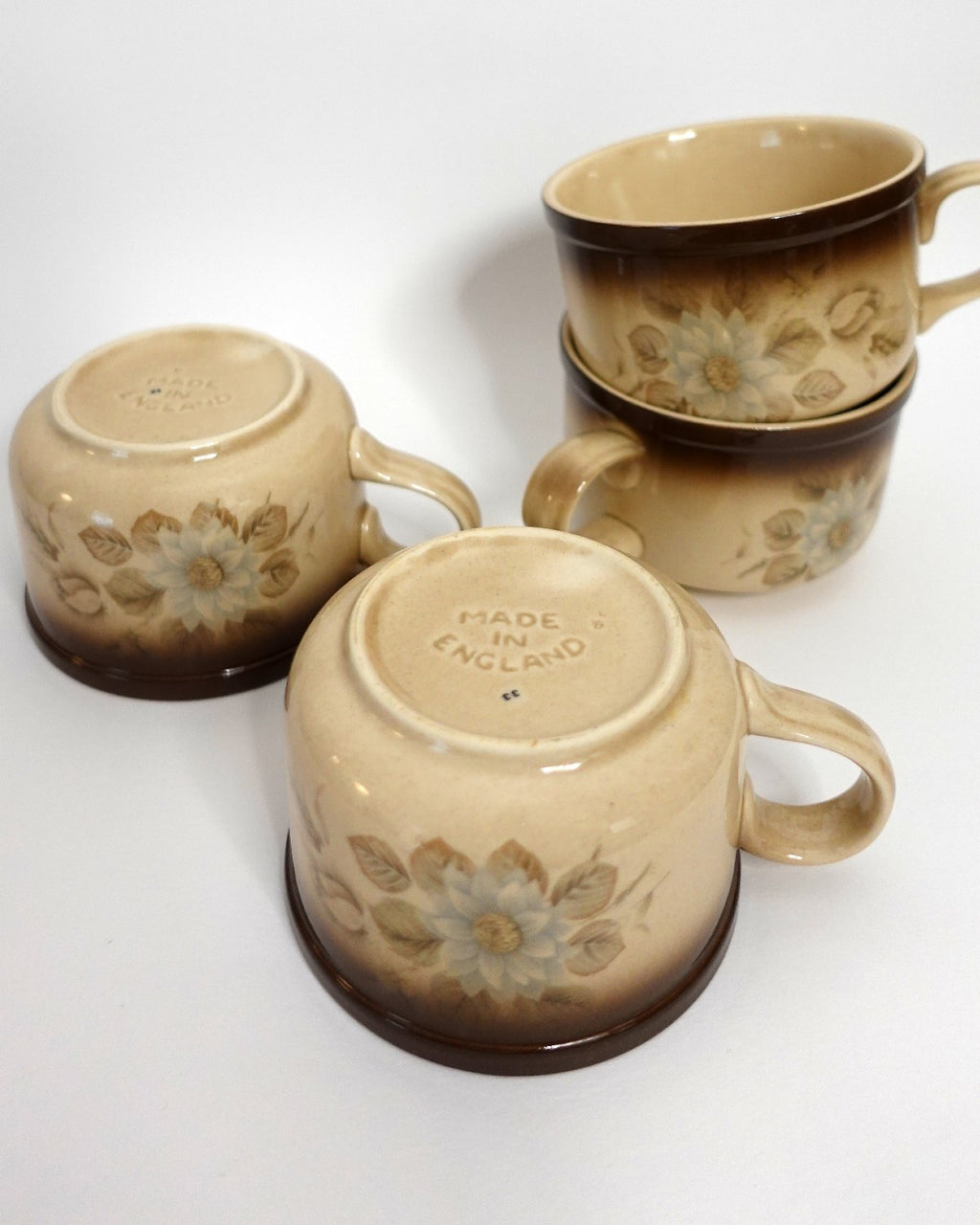 Set of 4 Vintage Coffee Mugs, Brown Floral Design