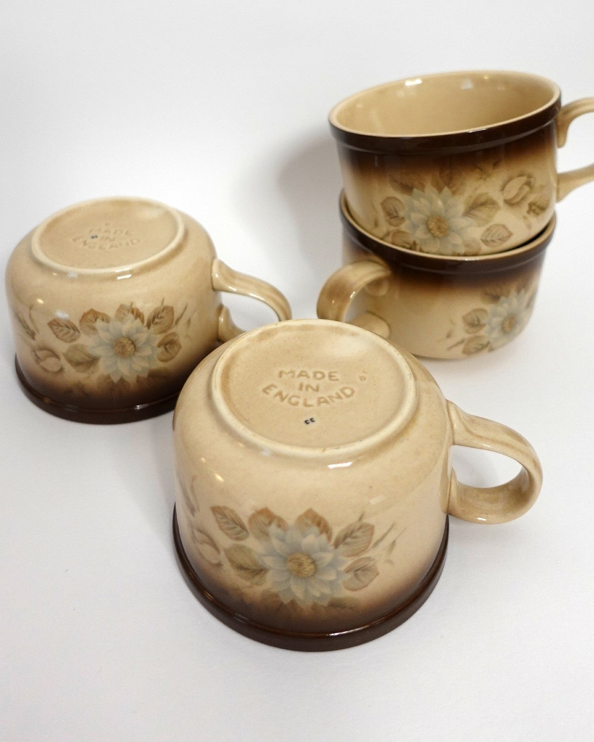 Set of 4 Vintage Coffee Mugs, Brown Floral Design