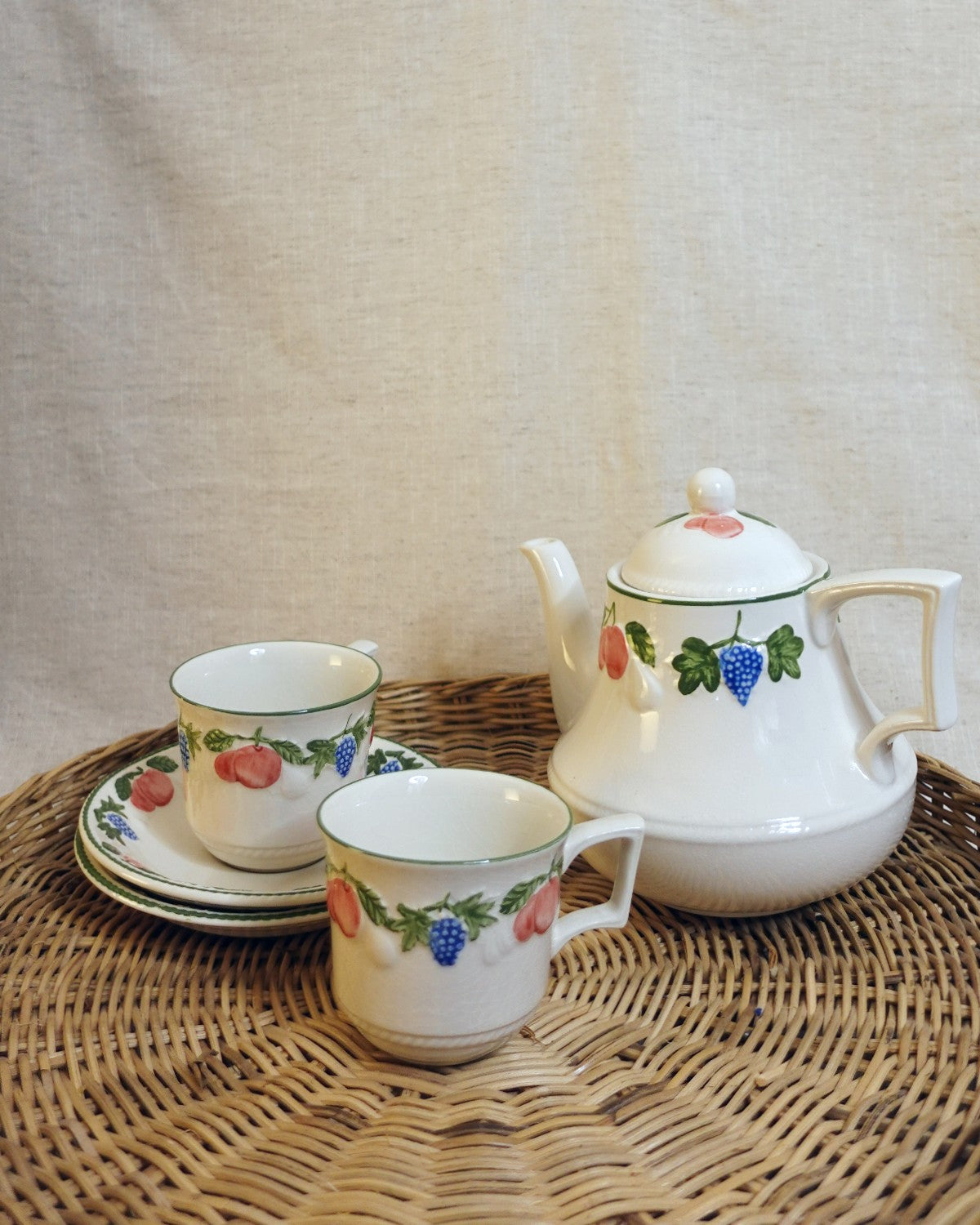 Vintage Teapot, Cups & Saucers Set with Coloured Fruit Design