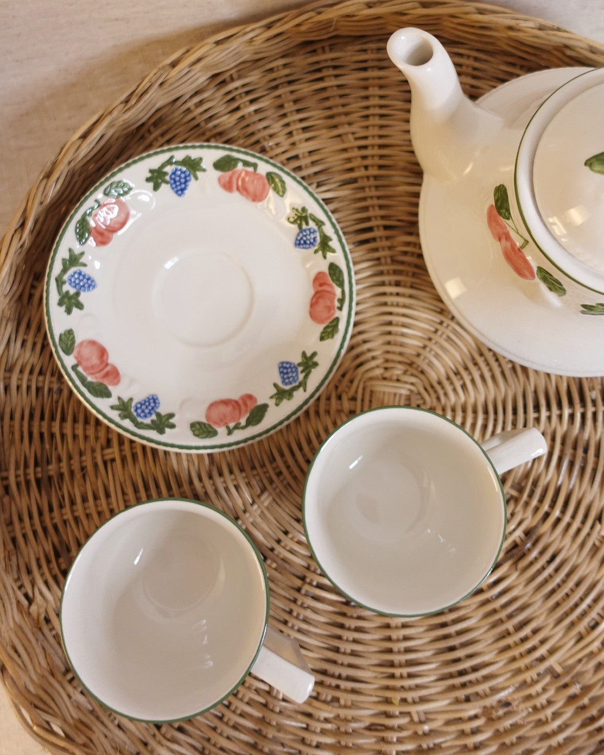 Vintage Teapot, Cups & Saucers Set with Coloured Fruit Design
