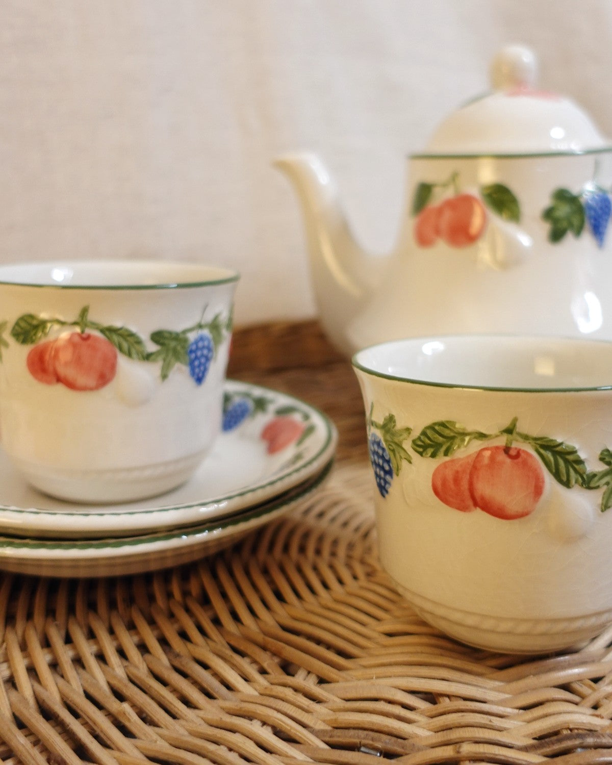 Vintage Teapot, Cups & Saucers Set with Coloured Fruit Design