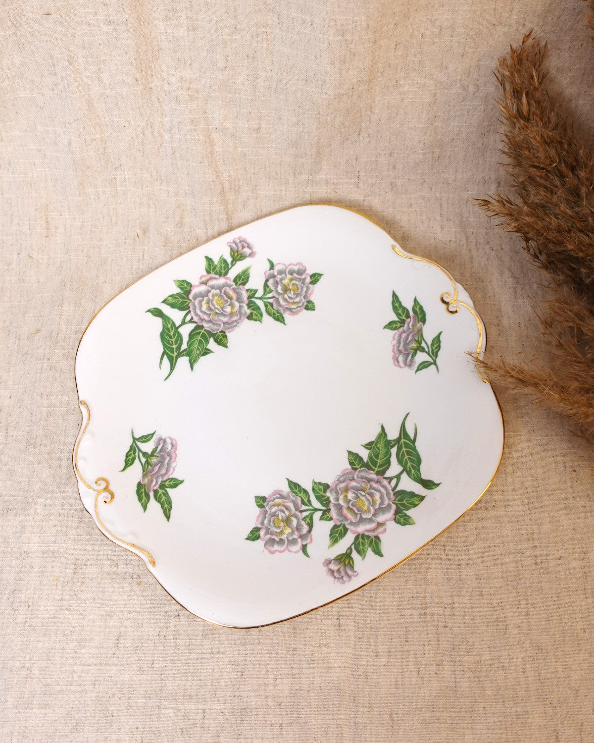 Vintage China Cake Plate with Floral Pattern & Gold Detailing