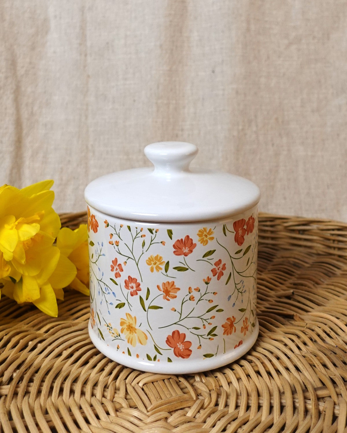 White & Floral Ceramic Storage Pot