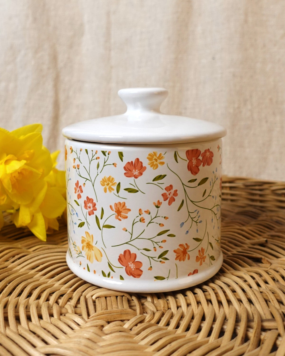 White & Floral Ceramic Storage Pot