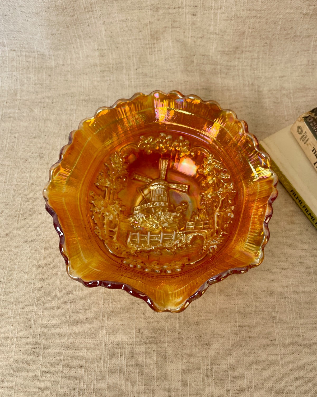 Antique Orange Windmill Carnival Glass Bowl