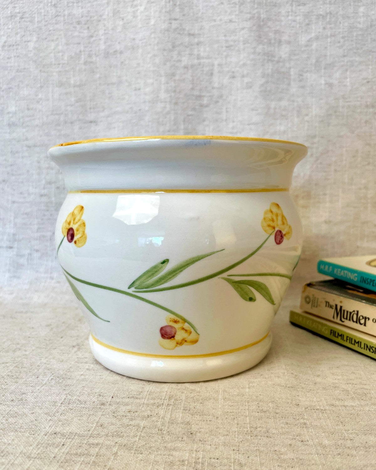 Vintage Ceramic Indoor Planter, White & Yellow
