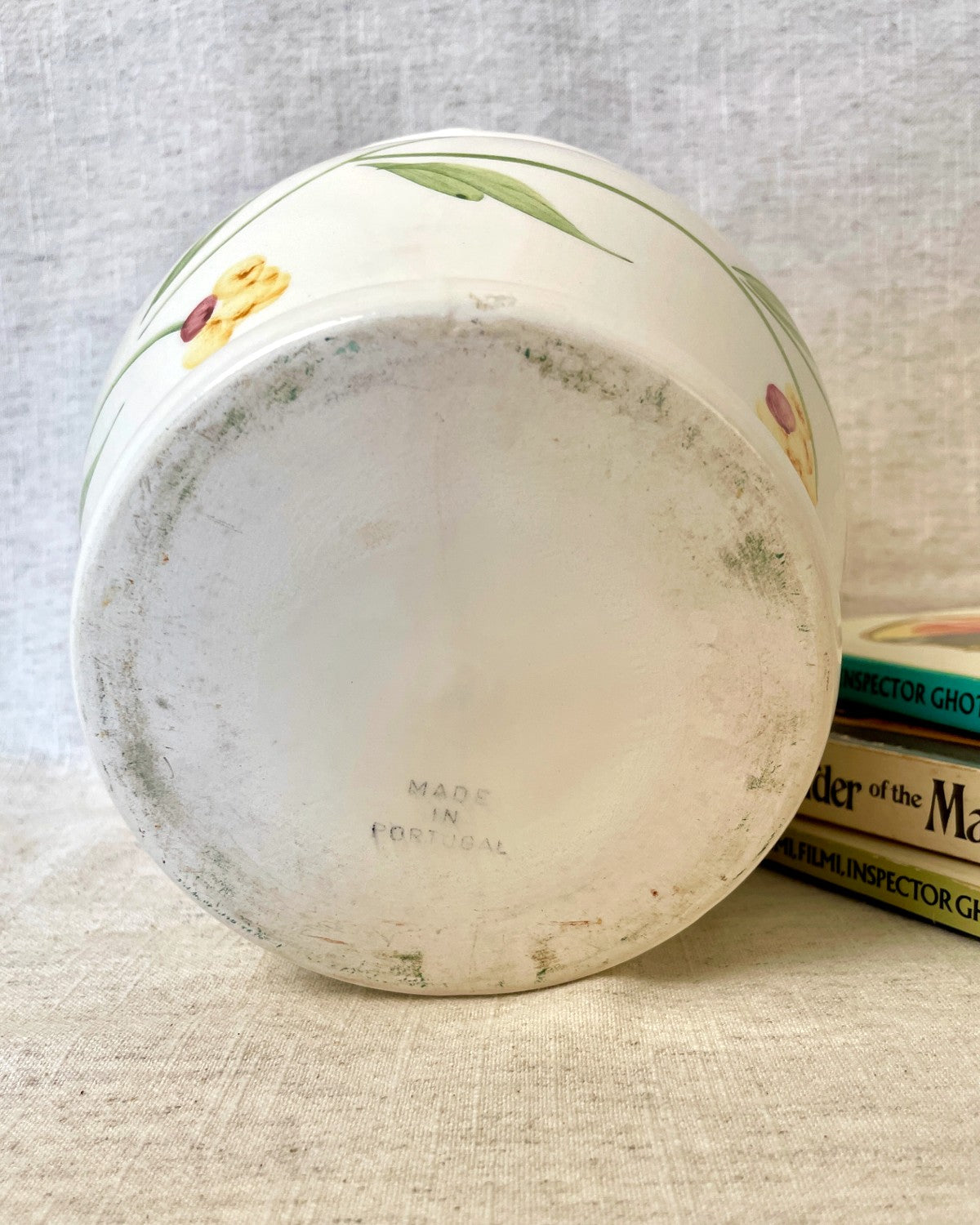 Vintage Ceramic Indoor Planter, White & Yellow