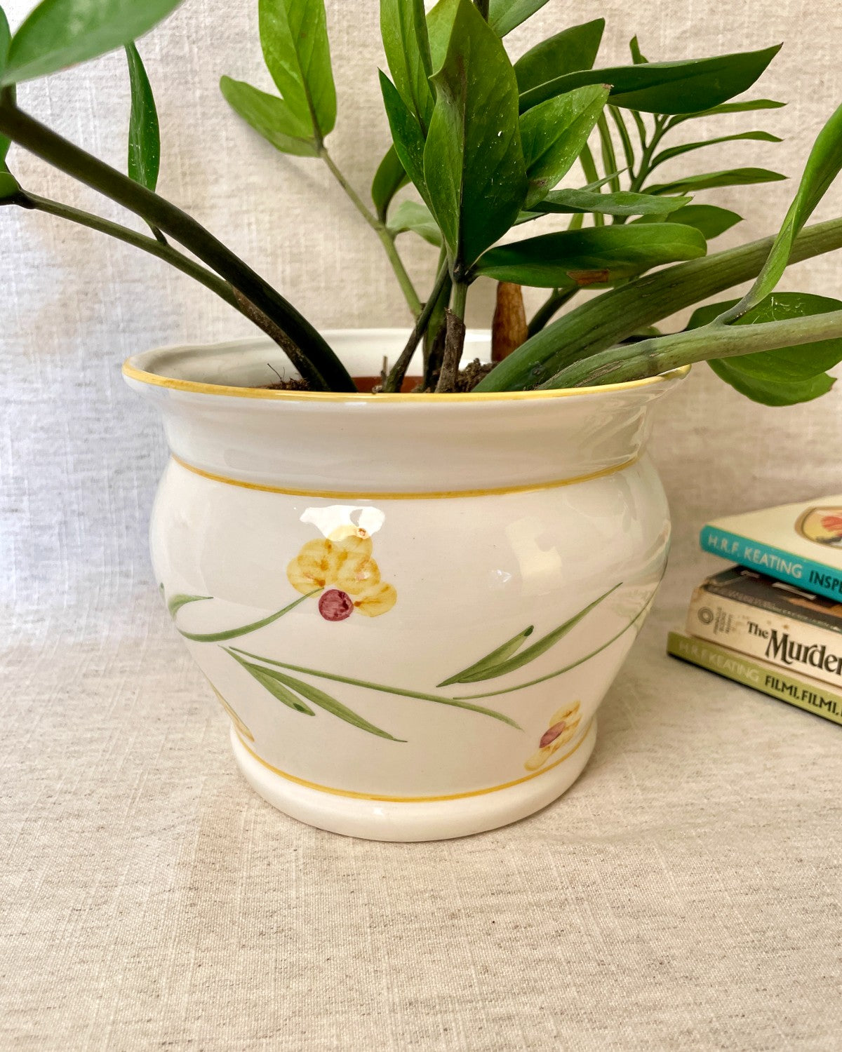 Vintage Ceramic Indoor Planter, White & Yellow
