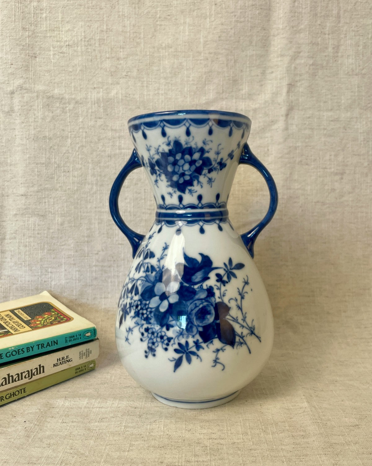 Vintage Blue & White Ceramic Double Handled Vase