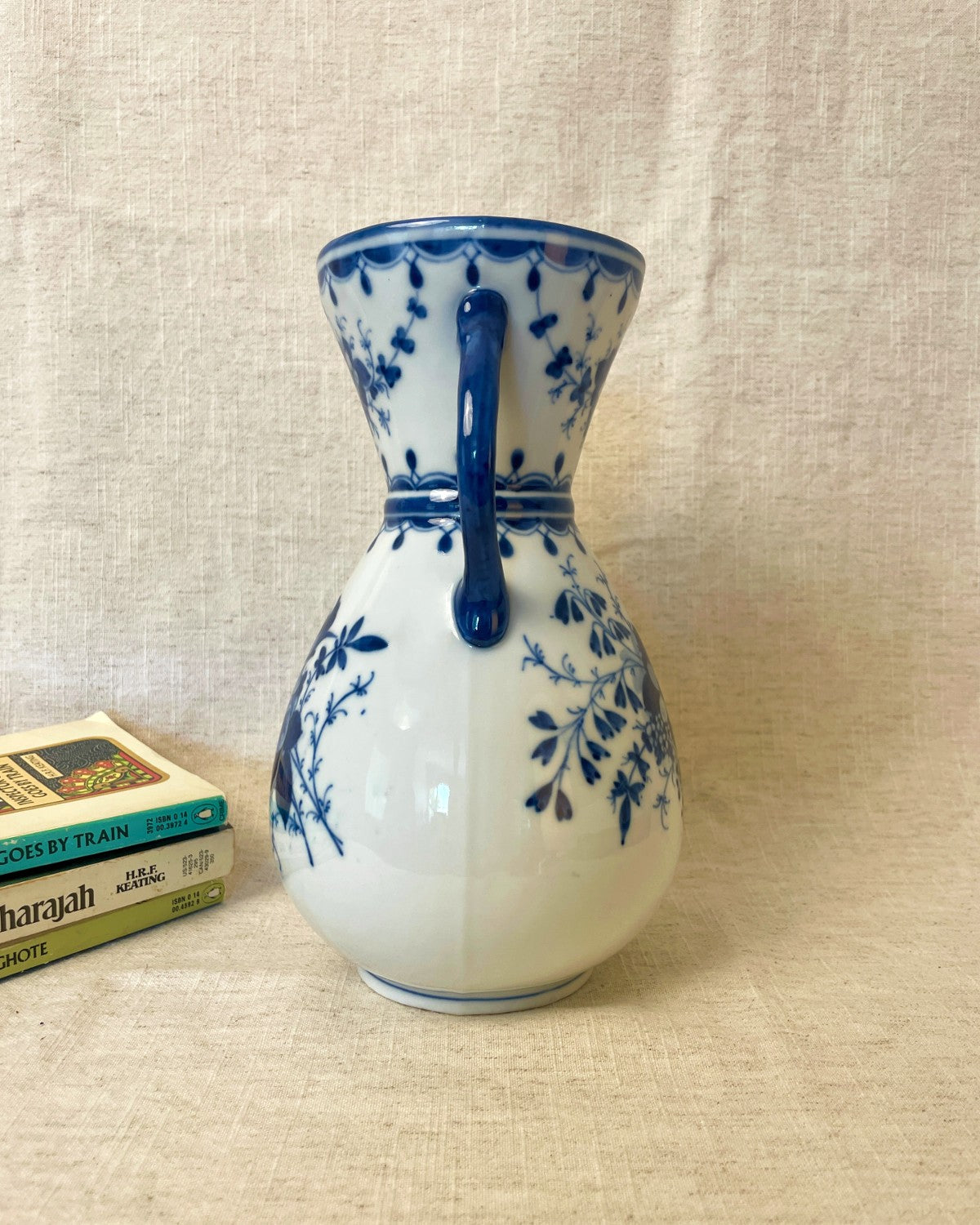 Vintage Blue & White Ceramic Double Handled Vase