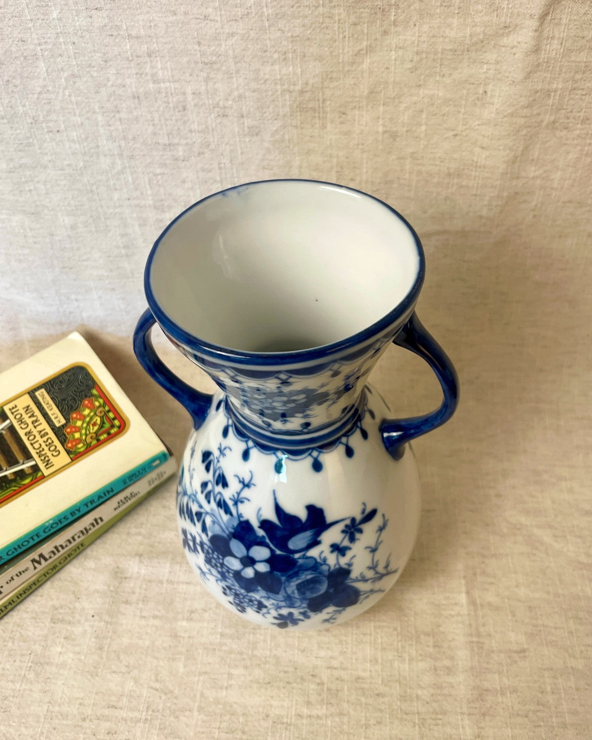 Vintage Blue & White Ceramic Double Handled Vase