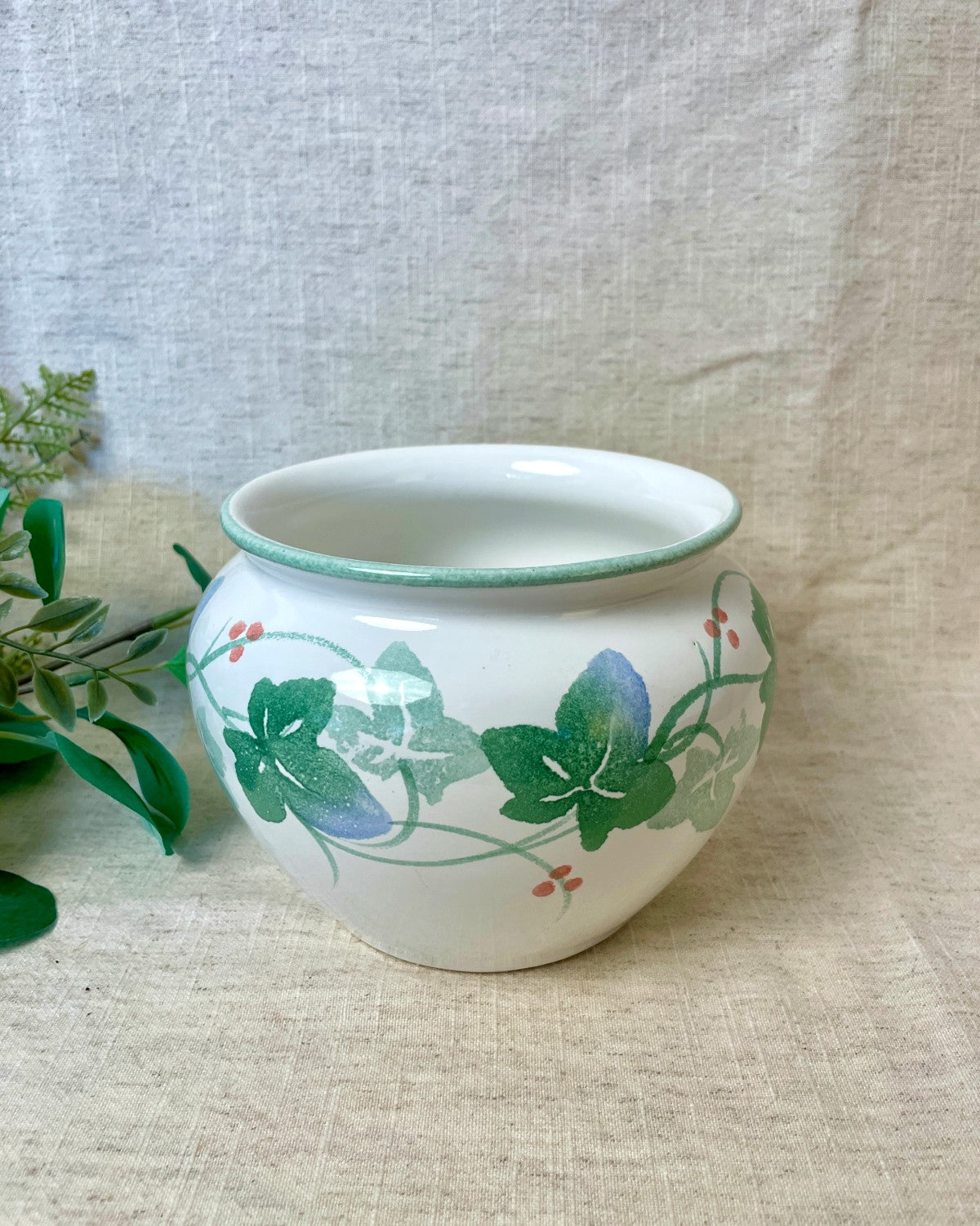 Wide Ceramic Indoor Plant Pot, Ivy Leaf Design