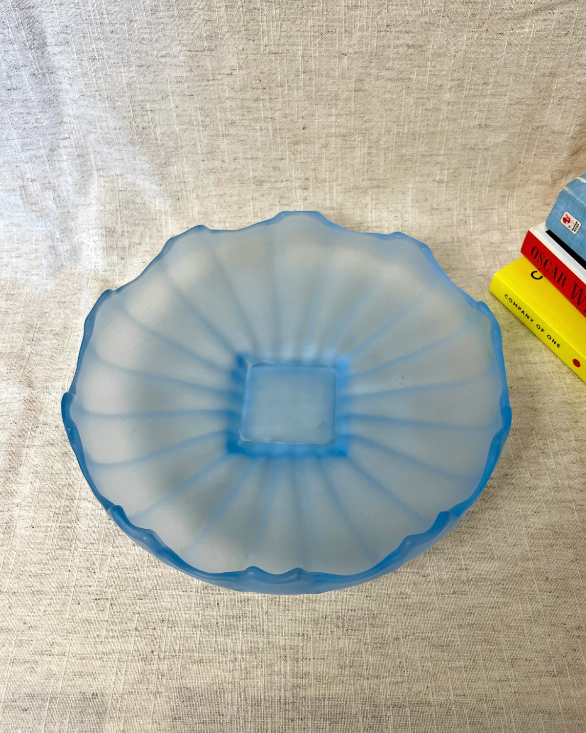 Vintage Blue Frosted Glass Shallow Bowl