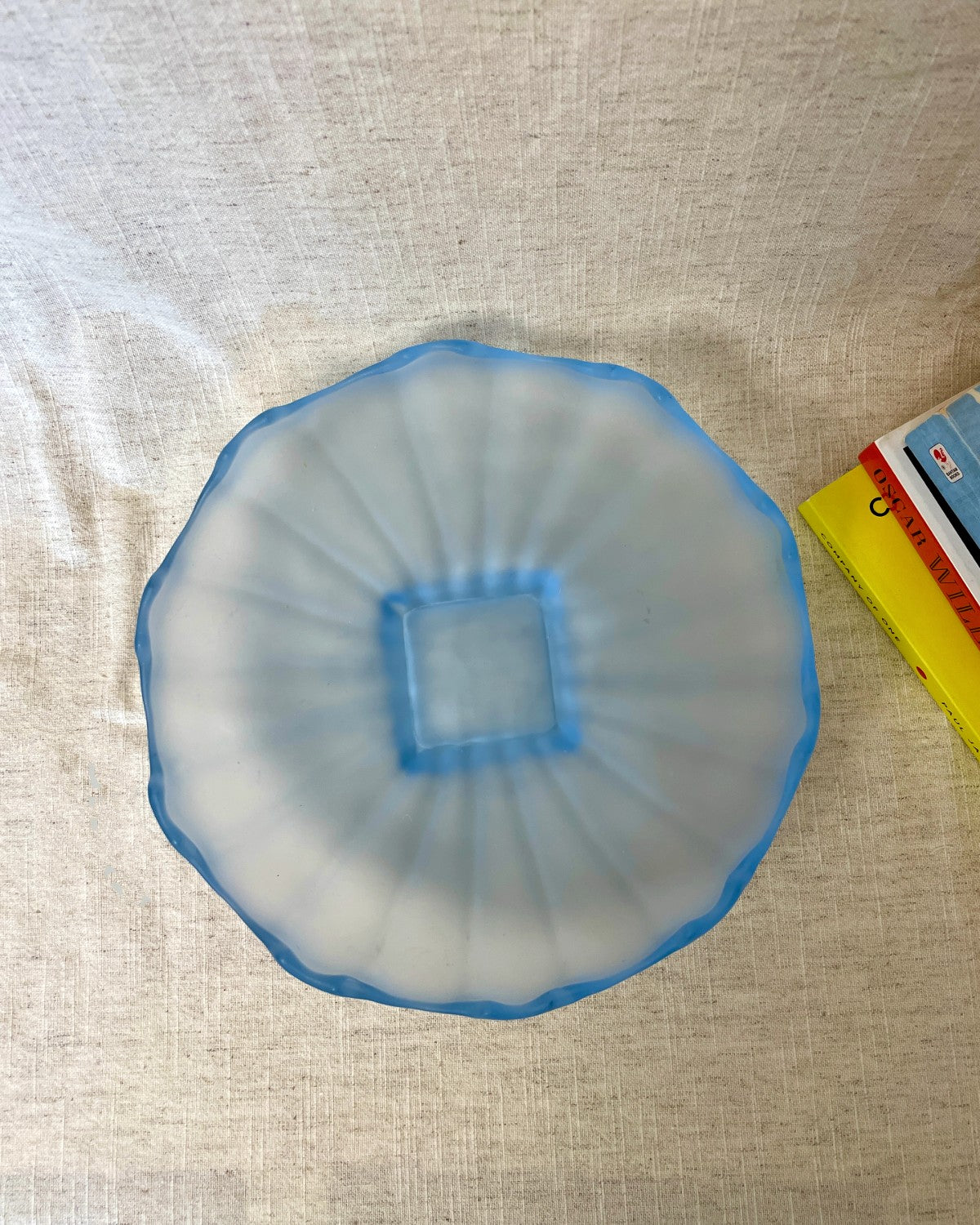Vintage Blue Frosted Glass Shallow Bowl