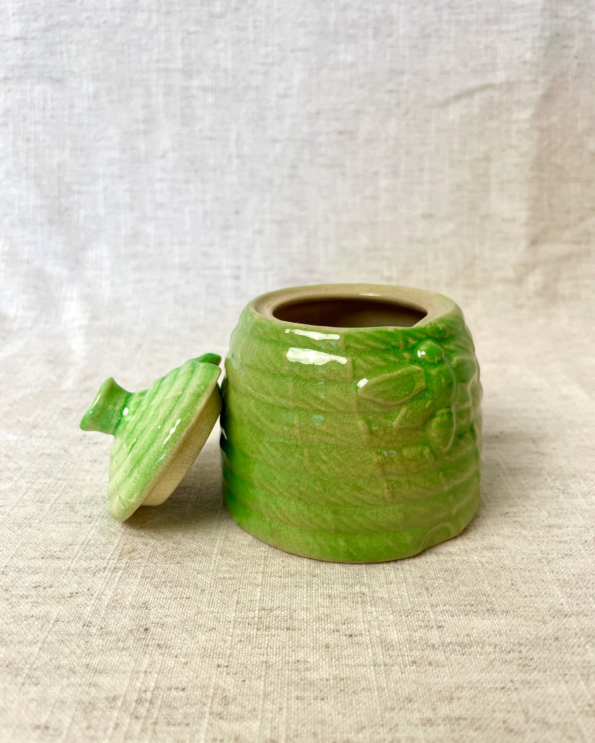 Vintage Green Ceramic Honey Pot