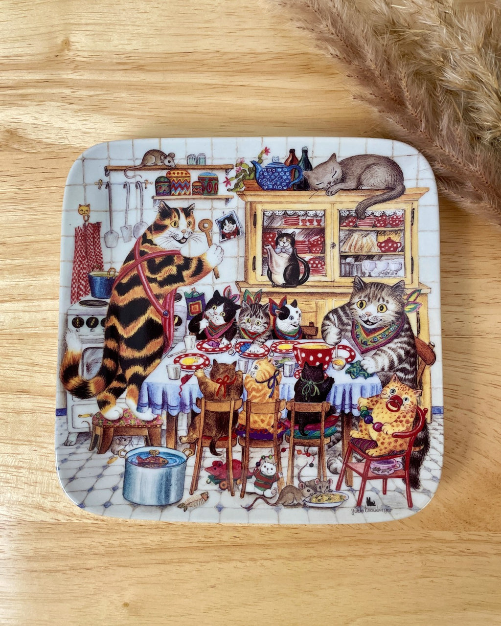 German Decorative Square Cat Plate - 'Visit to the Katz Family'