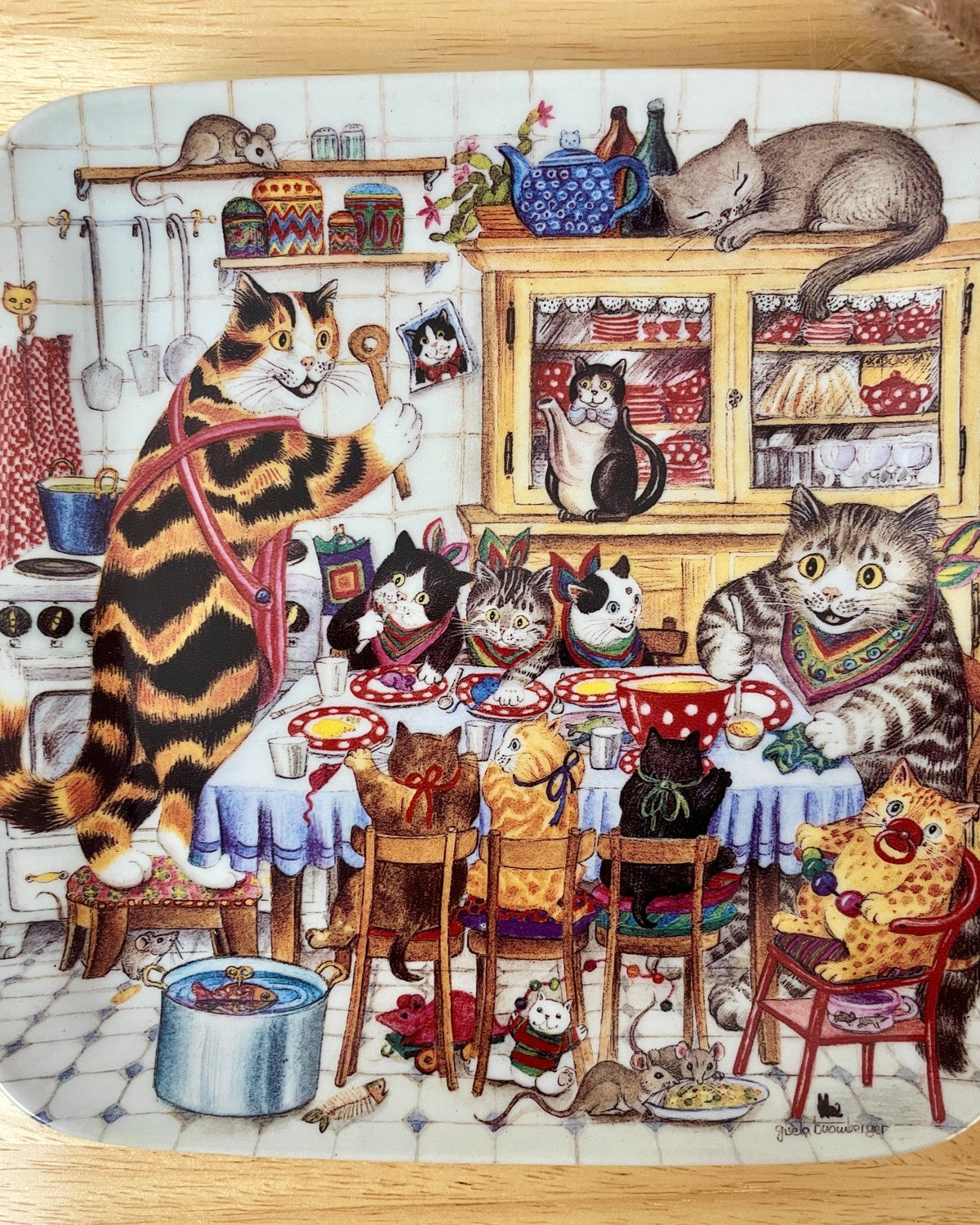 German Decorative Square Cat Plate - 'Visit to the Katz Family'