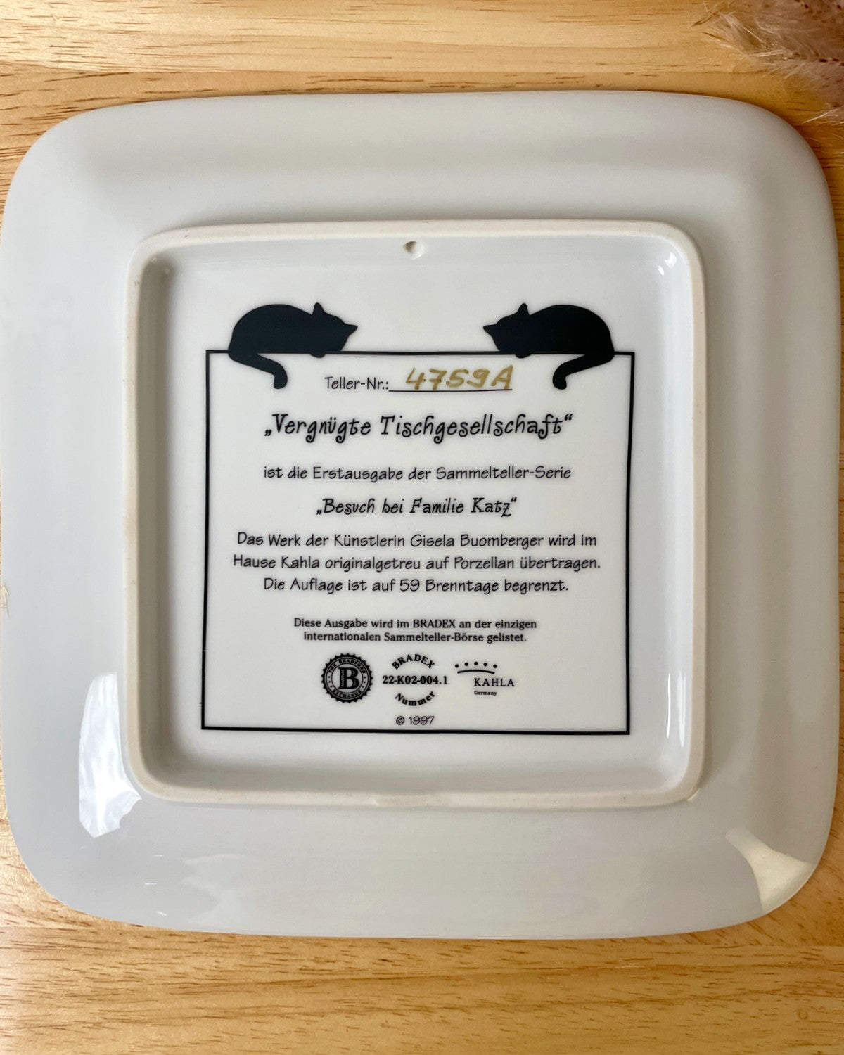 German Decorative Square Cat Plate - 'Visit to the Katz Family'