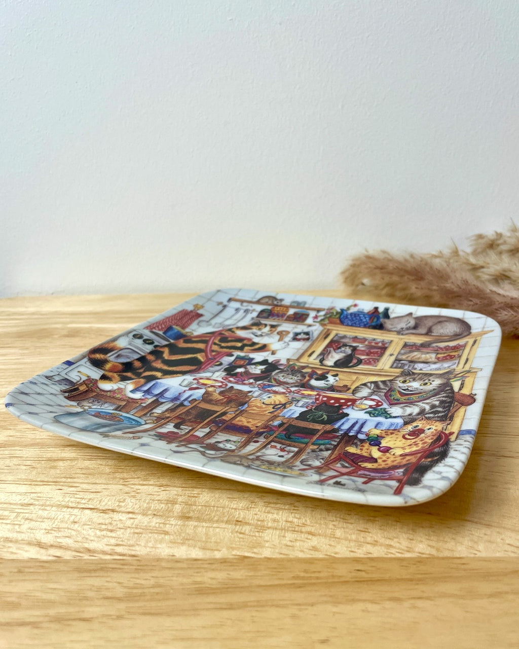 German Decorative Square Cat Plate - 'Visit to the Katz Family'